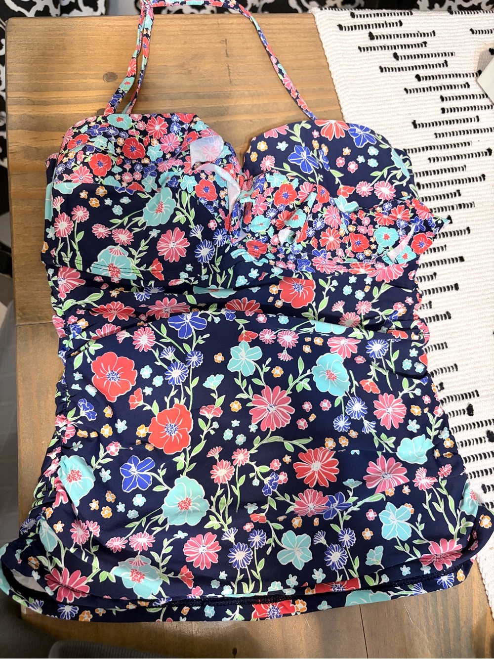 Anne Cole Navy Floral Ruffled Swim Top with detachable Halter strap